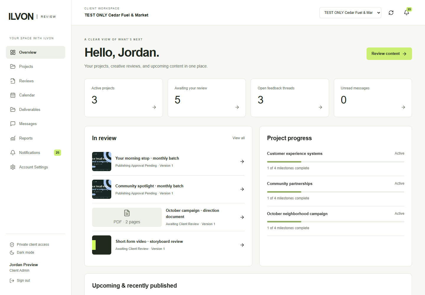 ILVON Review on desktop, showing project progress and content awaiting review.