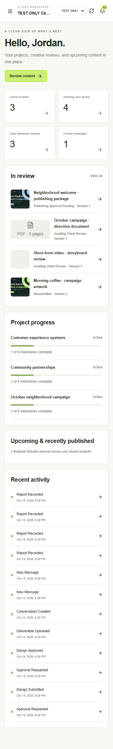 The actual ILVON Review mobile workspace with projects, approvals, and feedback.